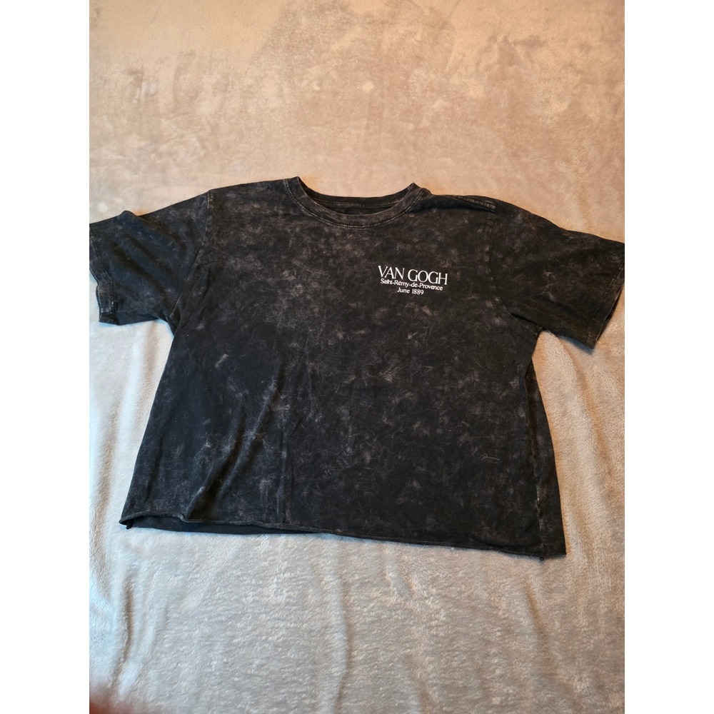 Mighty Fine T-Shirt Womens Large Black Van Gogh Olive Trees Acid Wash Crop Tee